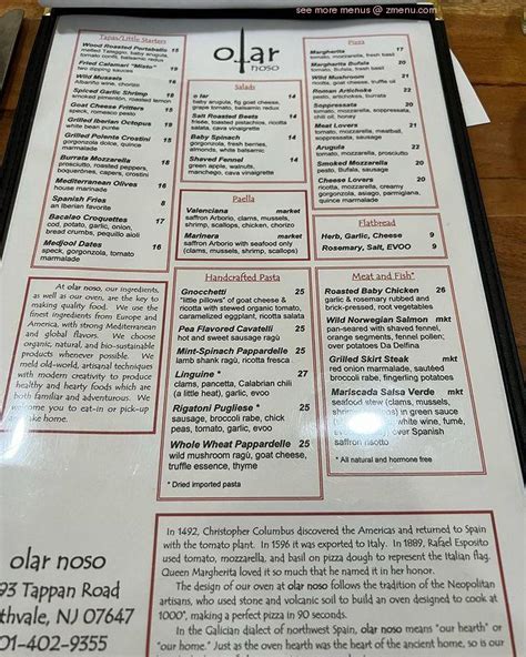 Olar noso menu - Olar Noso, the restaurant formerly in Piermont, has opened in Northvale. They spent ten years in Rockland (New York Times Review) before closing and telling fans to “stay tuned” for “BIGGER and BETTER” and “new beginnings” back in January (View Instagram Post). The previous restaurant specialized in Spanish and Mediterranean inspired dishes along with Neapolitan pizza. According to ... 